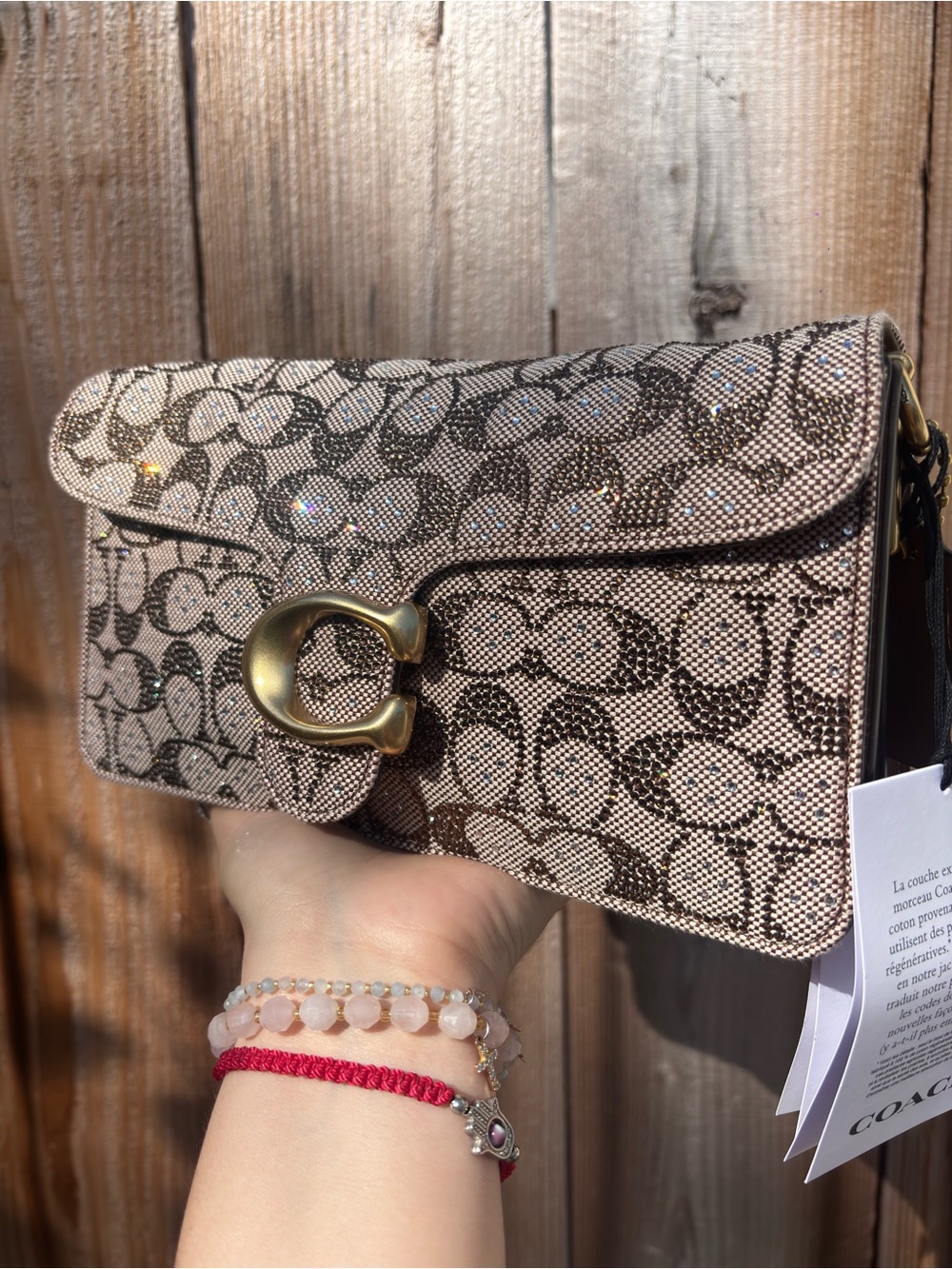 Coach Signature C Wristlet Clutch in Beige and Brown with Gold Hardware